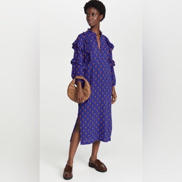 NWT Baum Und Pferdgarten Ahadi Long Sleeve Ruffle Midi Dress 36 Blue Floral - Picture 1 of 16